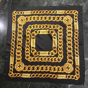 Vintage CHANEL Black Gold Chain Silk Scarf